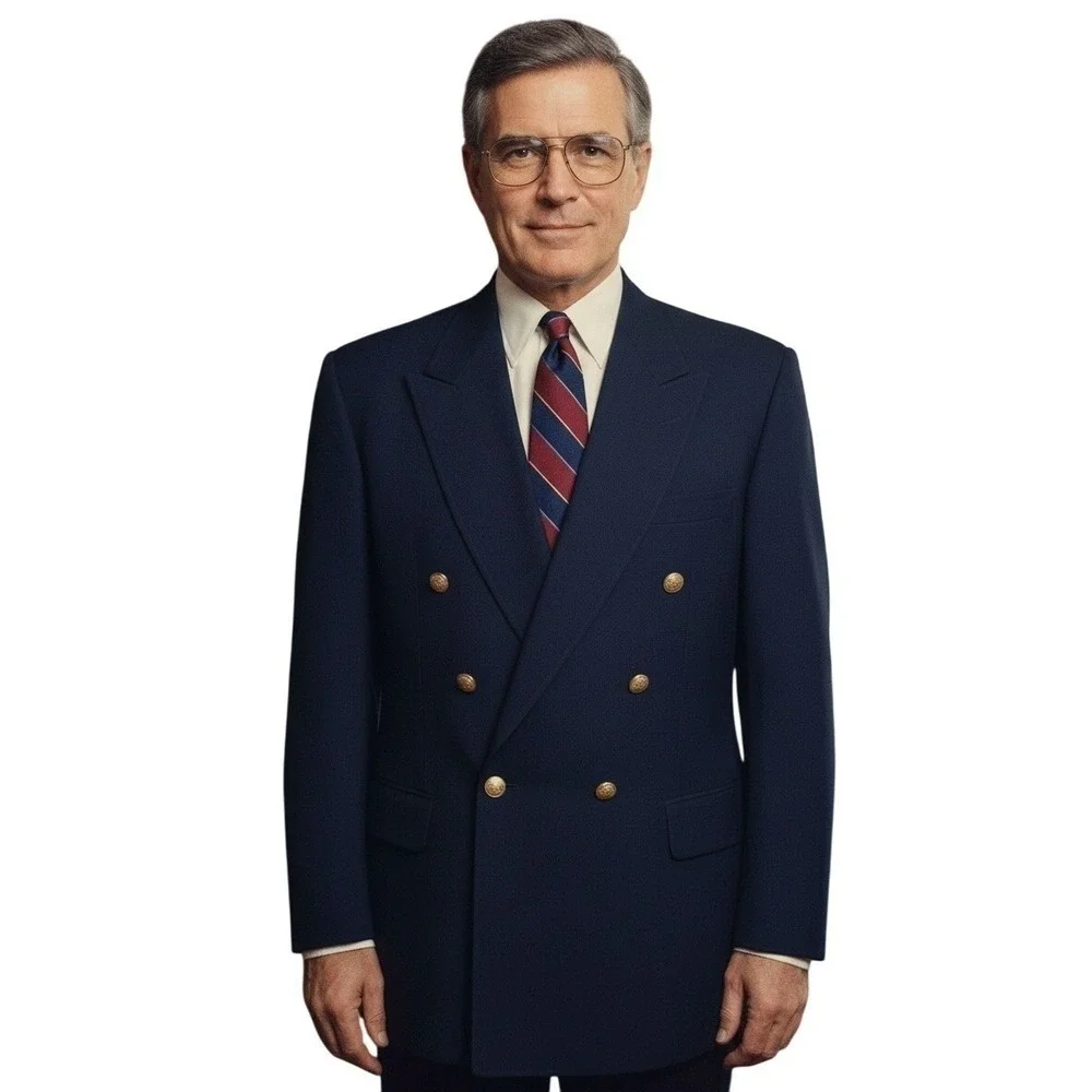 Vintage 90s Lands End 40L Navy Wool Double Breasted Blazer‎ Gold Crest Buttons
